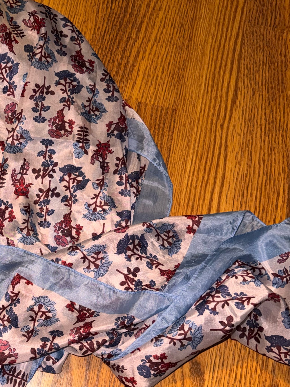 Gerard Darel 100% SILK  Scarf with Red and Blue Floral Print and Light Blue